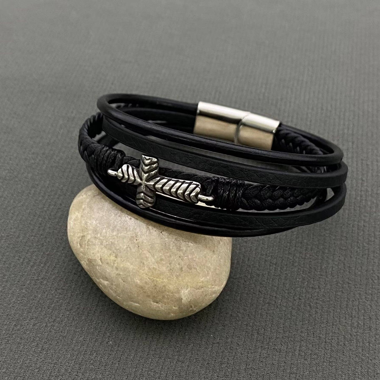 Men's S.Steel Cross Charm Multilayer Leather Bracelet