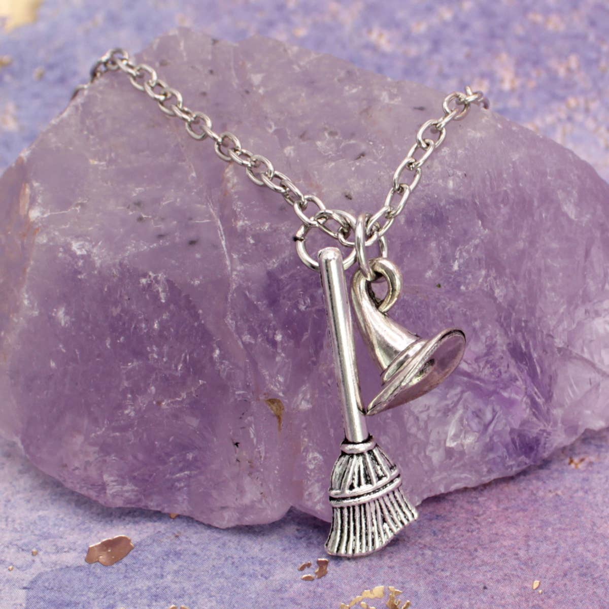 Basic Witch Silver Hat Broom Charm Necklace