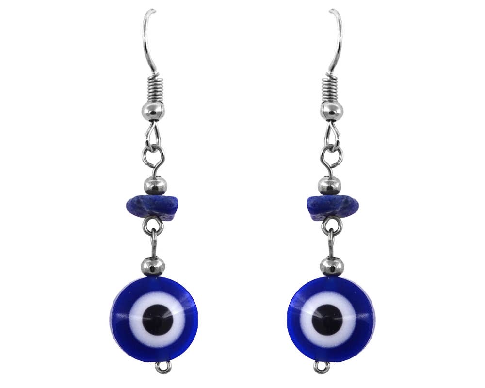 Round Evil Eye Bead Chip Stone Dangle Earrings