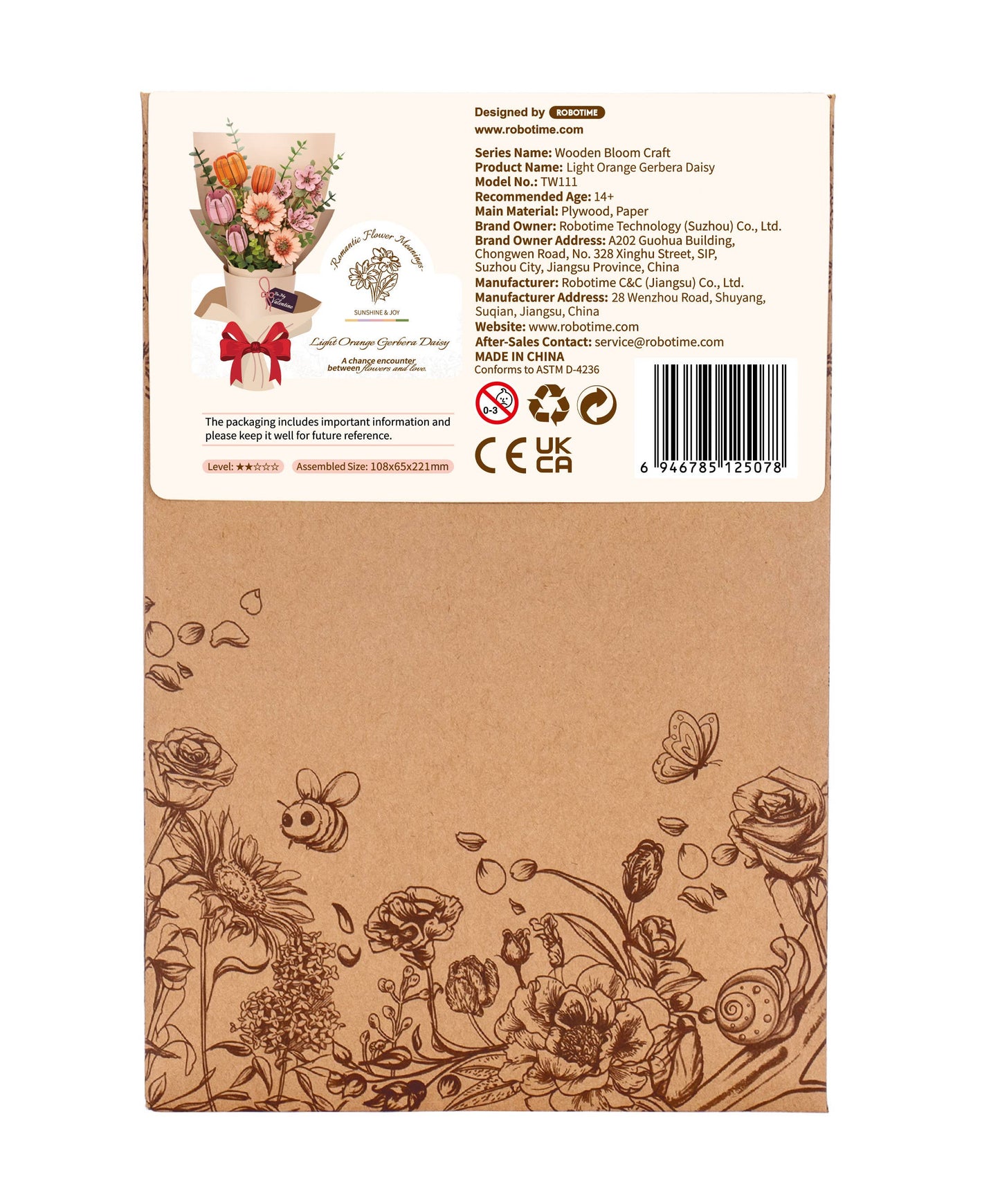 Light Orange Gerber Daisy Rowood DIY Wooden Flower 3D Puzzles