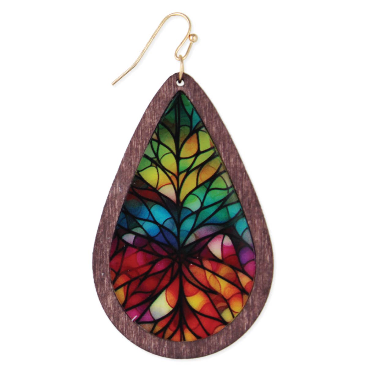Rainbow Mosaic Stained Glass Print Wood Earrings