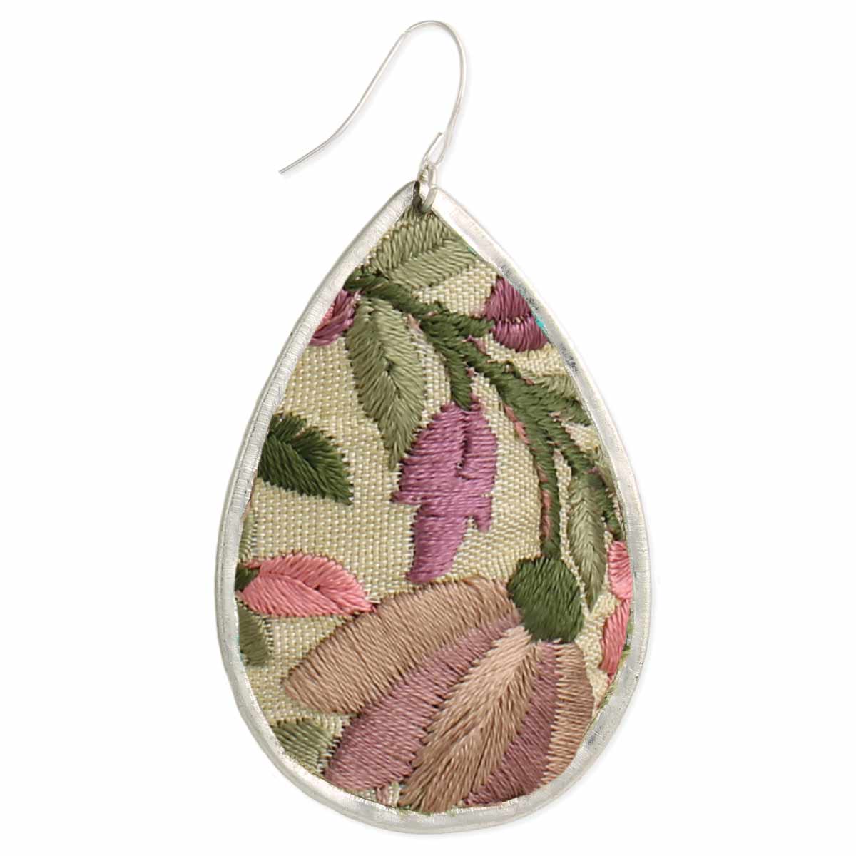 Pink Flower Embroidered Elegance Silver Teardrop Earring