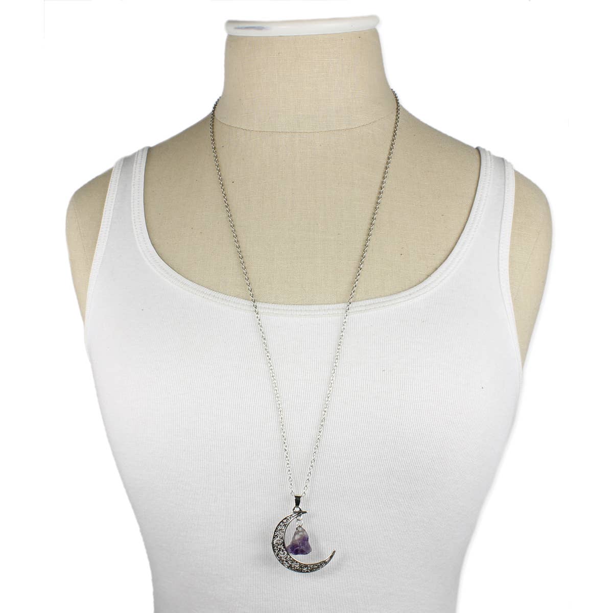 Antiqued Silver Moon Raw Amethyst Long Necklace