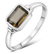 Delicate Rectangle Shape Smoky Quartz Sterling Silver Ring