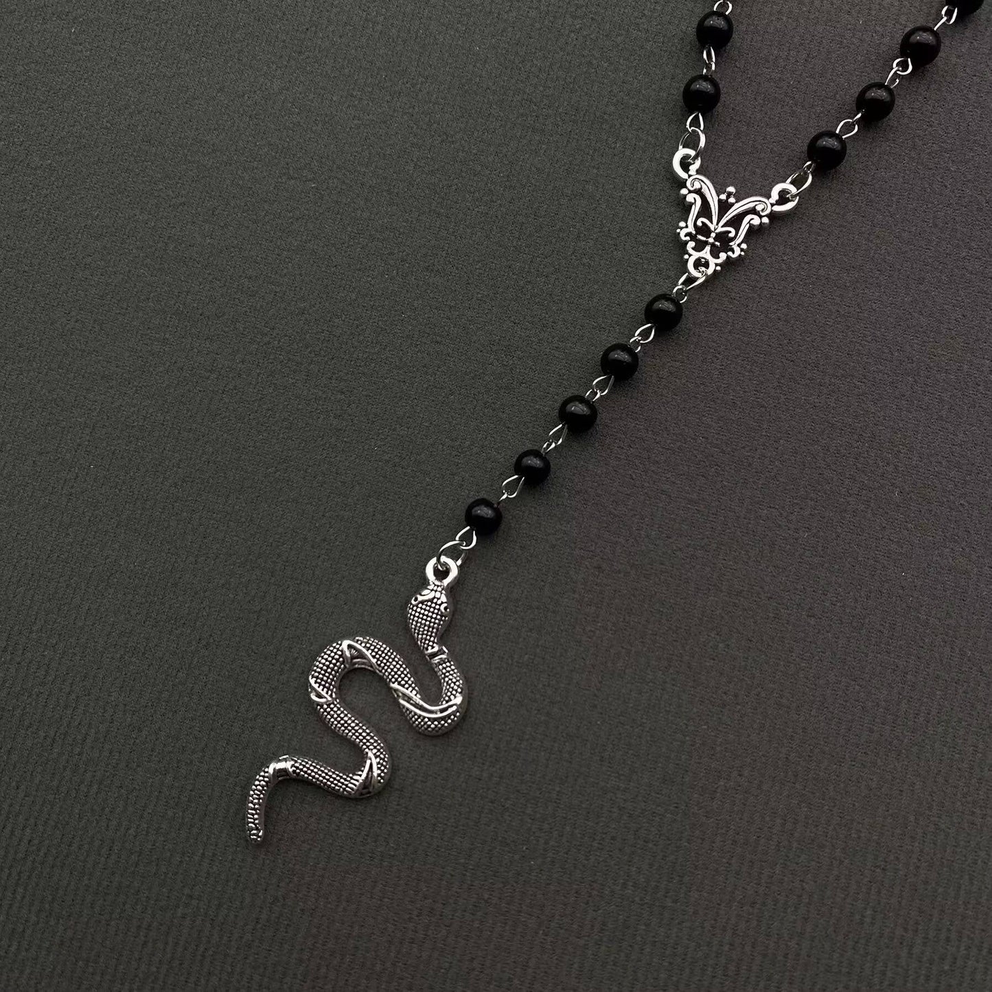 Snake Pendant Black Glass Beaded Y-shaped Necklace
