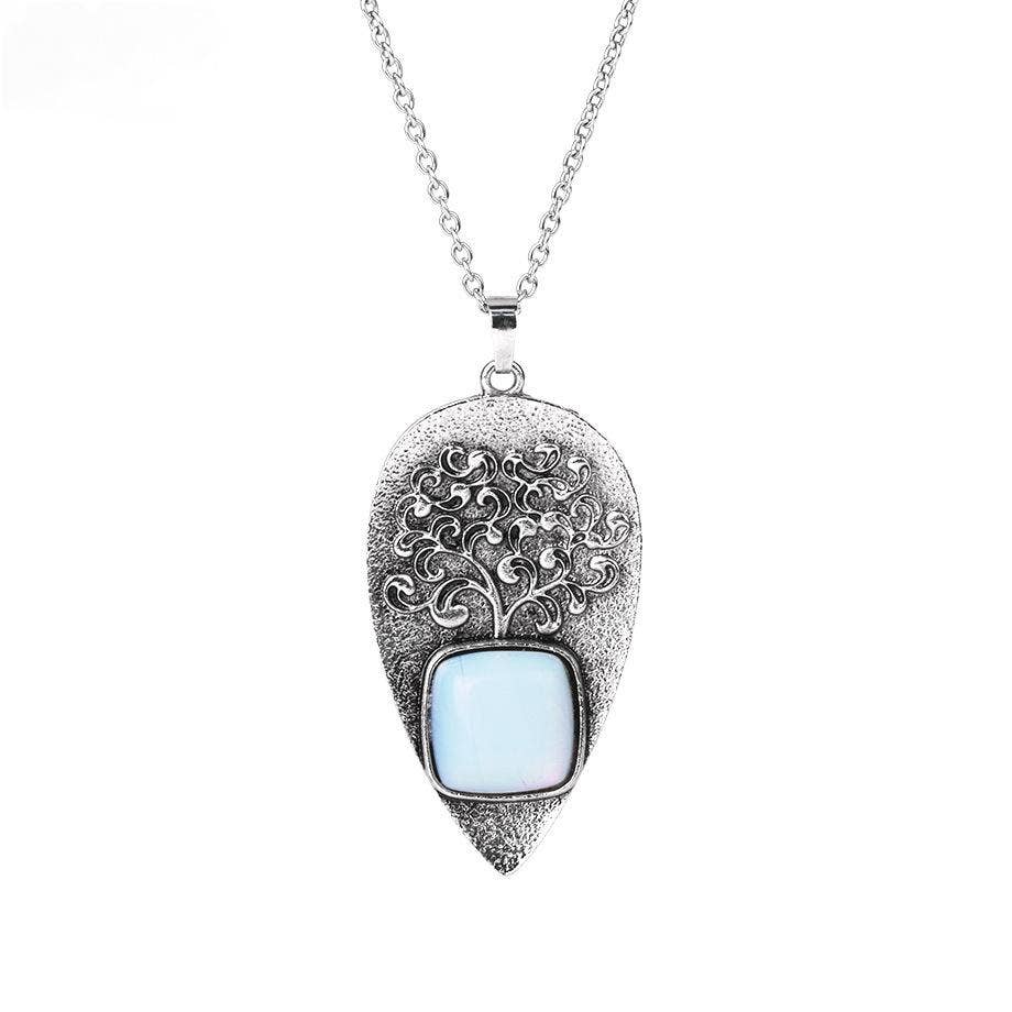 "Tree of Life" Drop-shaped Pendant Inlaid Stones Necklace