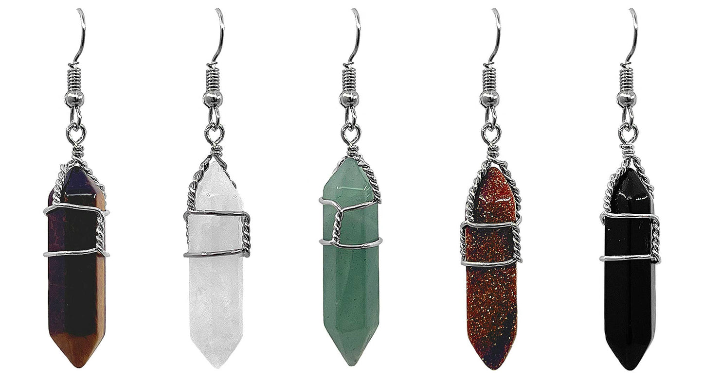 Wire Wrapped Hexagonal Stone Crystal Point Dangle Earrings