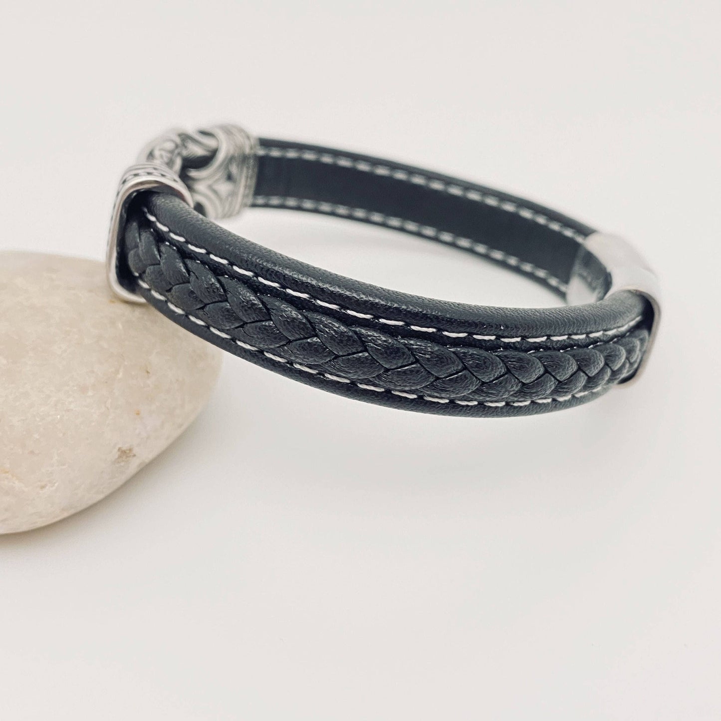 Men's Stainless Steel Carved Leather Viking Bracelet