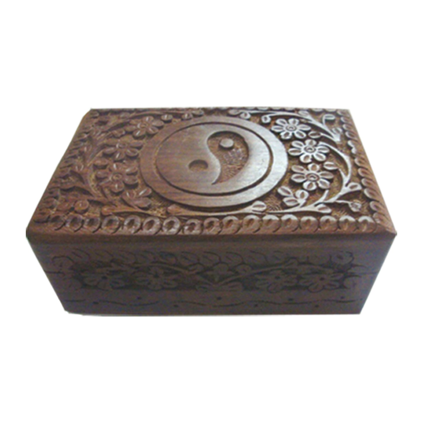 Ying Yang Carved Wooden Jewelry Box w/ Front Design (6 x 4)