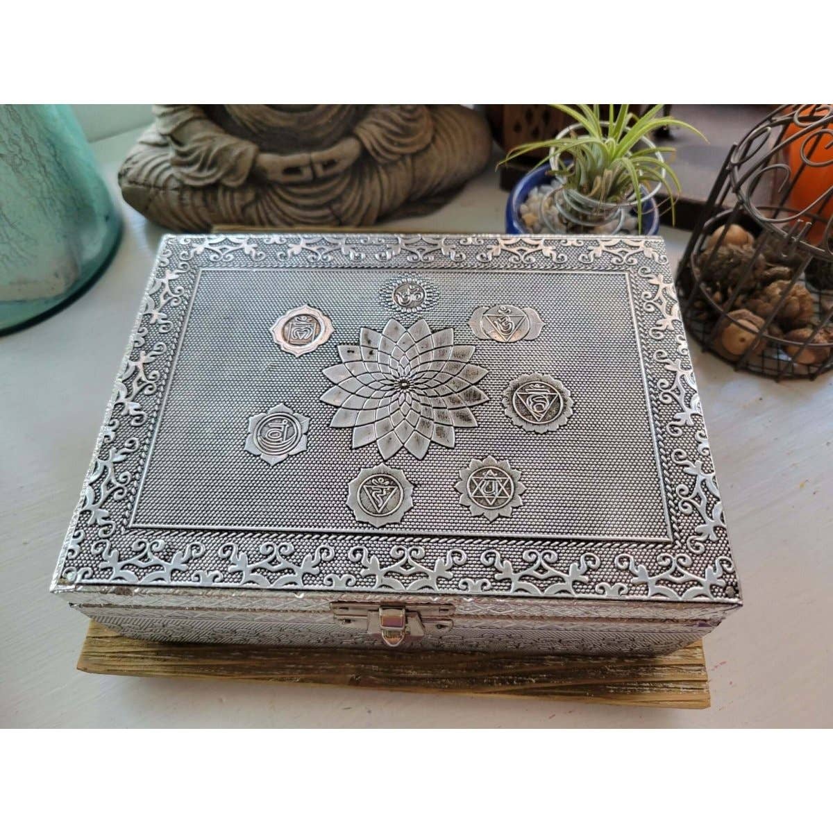 Seven Chakra Carved Metal over Wood/ Tarot Box/ Altar Box