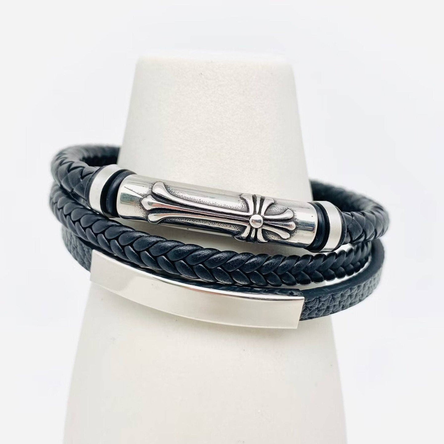 Stainless Steel Cross Leather Triple Layer Bracelet
