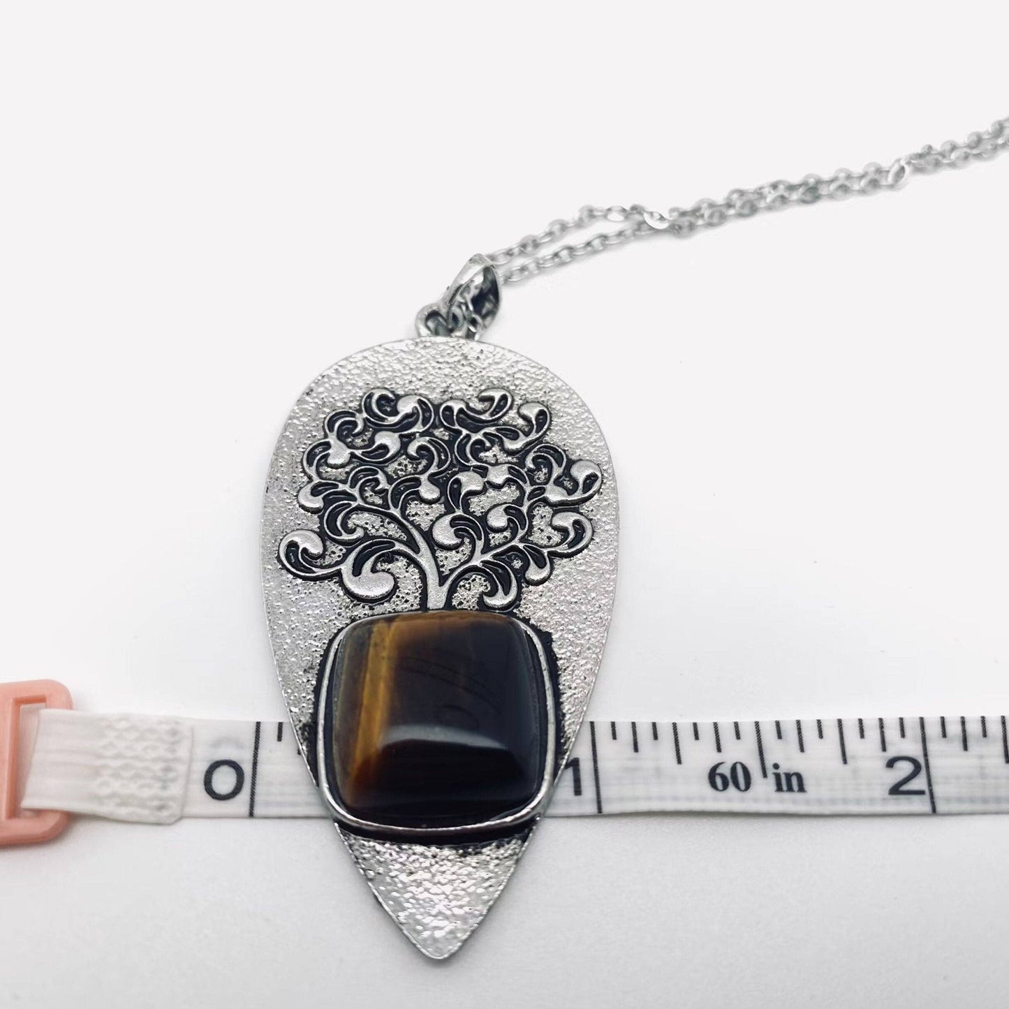 "Tree of Life" Drop-shaped Pendant Inlaid Stones Necklace