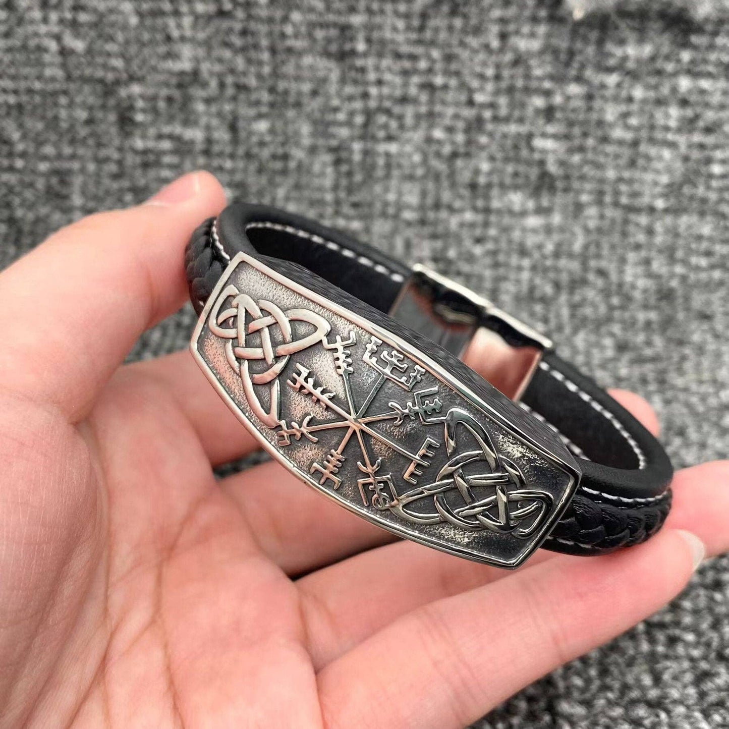 Stainless Steel Viking Celtic Knot Compass Leather Bracelet
