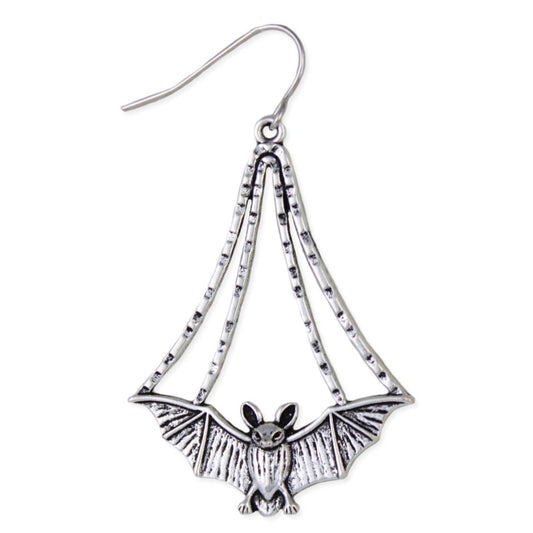 Night Fright Silver Bat Teardrop Earrings