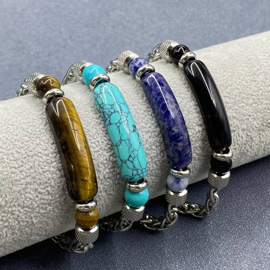 Stone & Stainless Steel Chain Linked Men's Bracelet