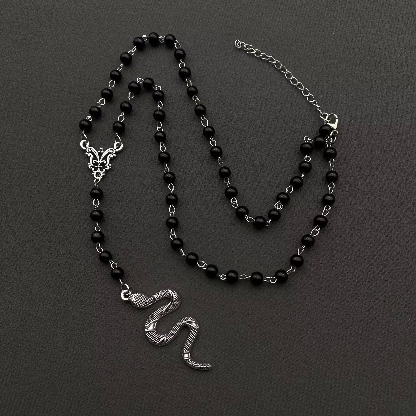 Snake Pendant Black Glass Beaded Y-shaped Necklace