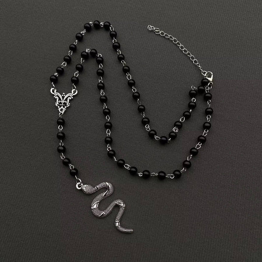 Snake Pendant Black Glass Beaded Y-shaped Necklace