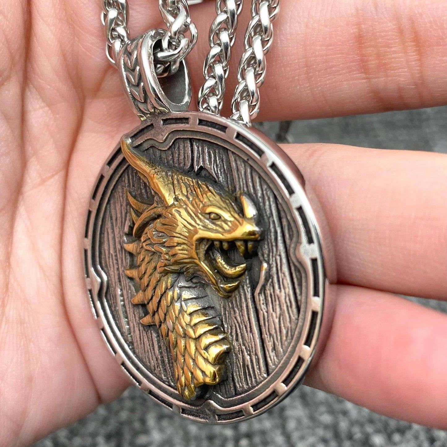 Stainless Steel Viking Dragon's Head Shield Necklace