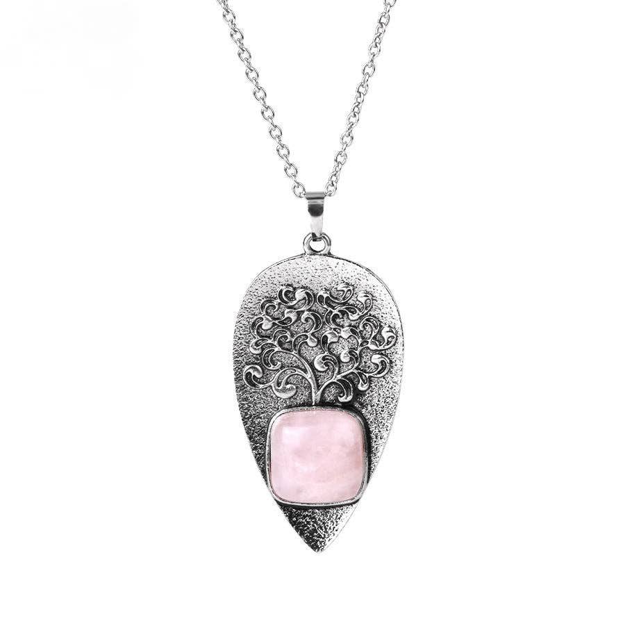 "Tree of Life" Drop-shaped Pendant Inlaid Stones Necklace