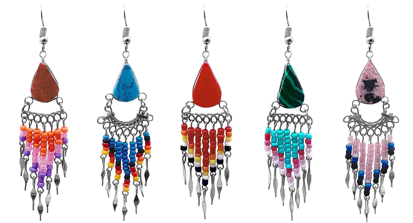 Teardrop Stone Long Beaded Metal Dangle Earrings