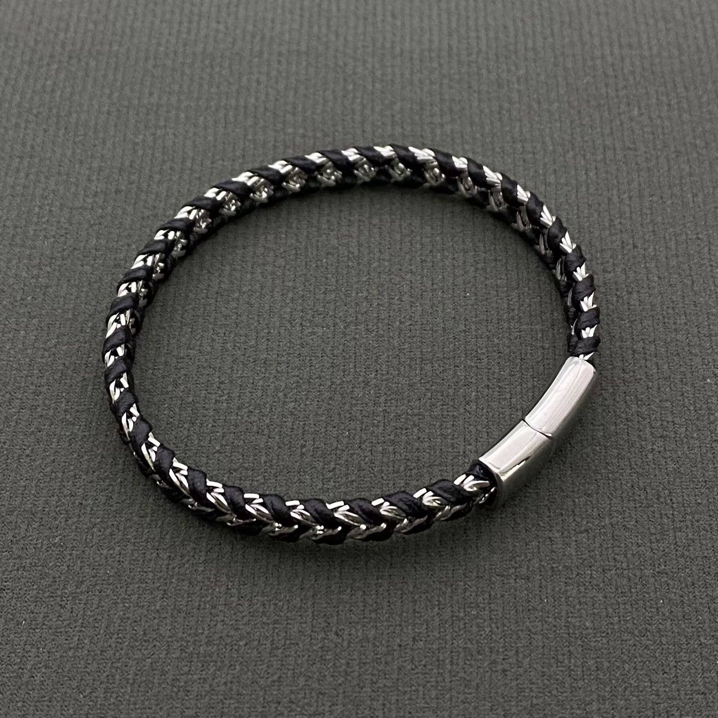 Men's Two Tone S.Steel Chain & Leather Woven Bracelet