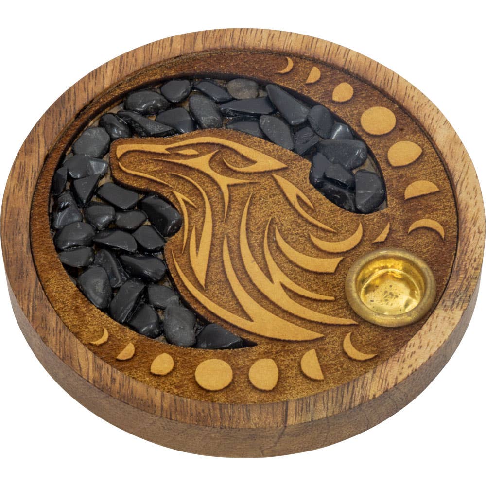 Laser Etched Wood Round Incense Holder - Wolf w/ Black Onyx