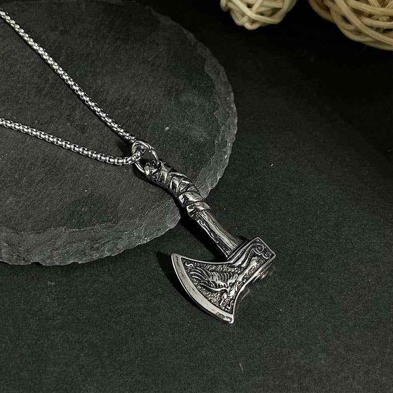 Viking Celtic Wolf Axe Titanium Steel Necklace