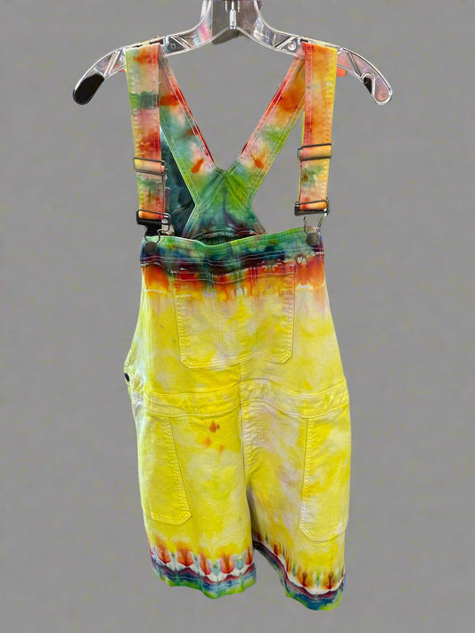 Tie Dye Shorts Romper Overalls-Yellow and Rainbow Size 2X