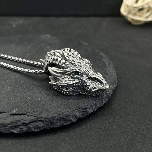 Viking Green Eye Dragon Skull Necklace