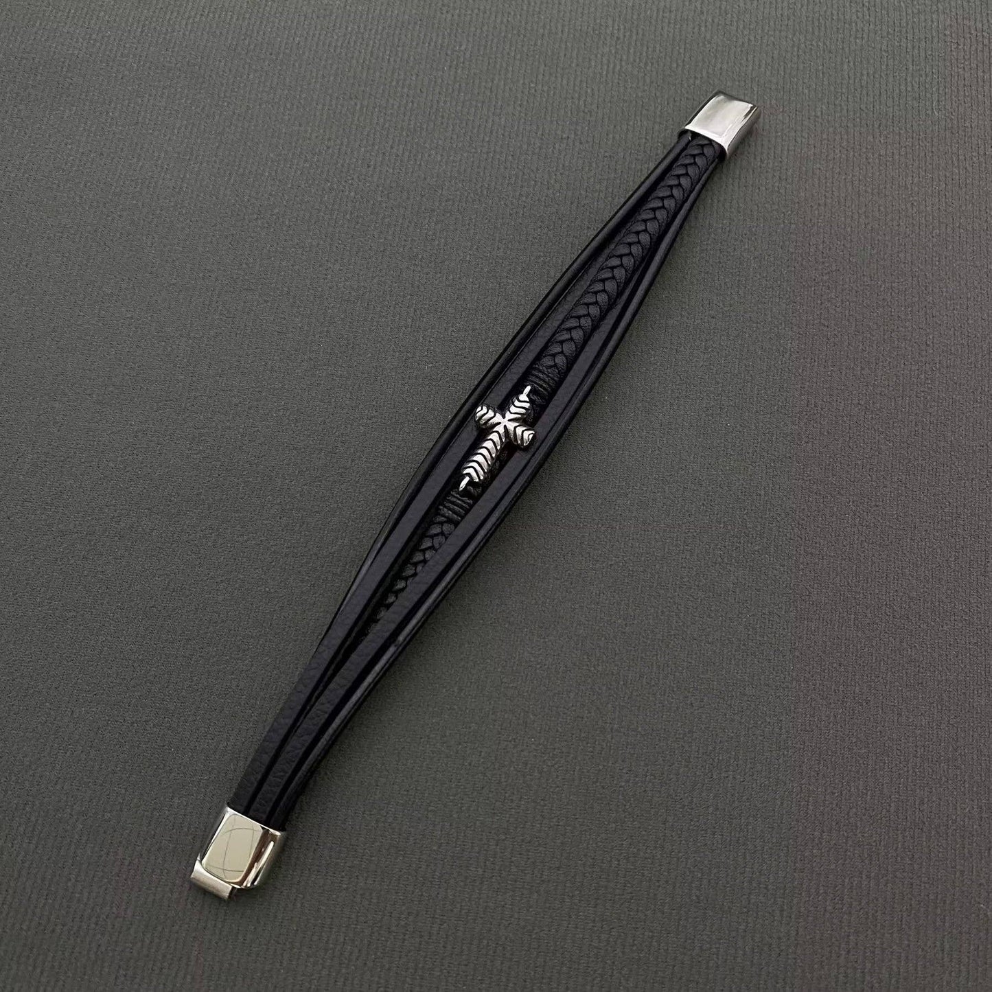 Men's S.Steel Cross Charm Multilayer Leather Bracelet
