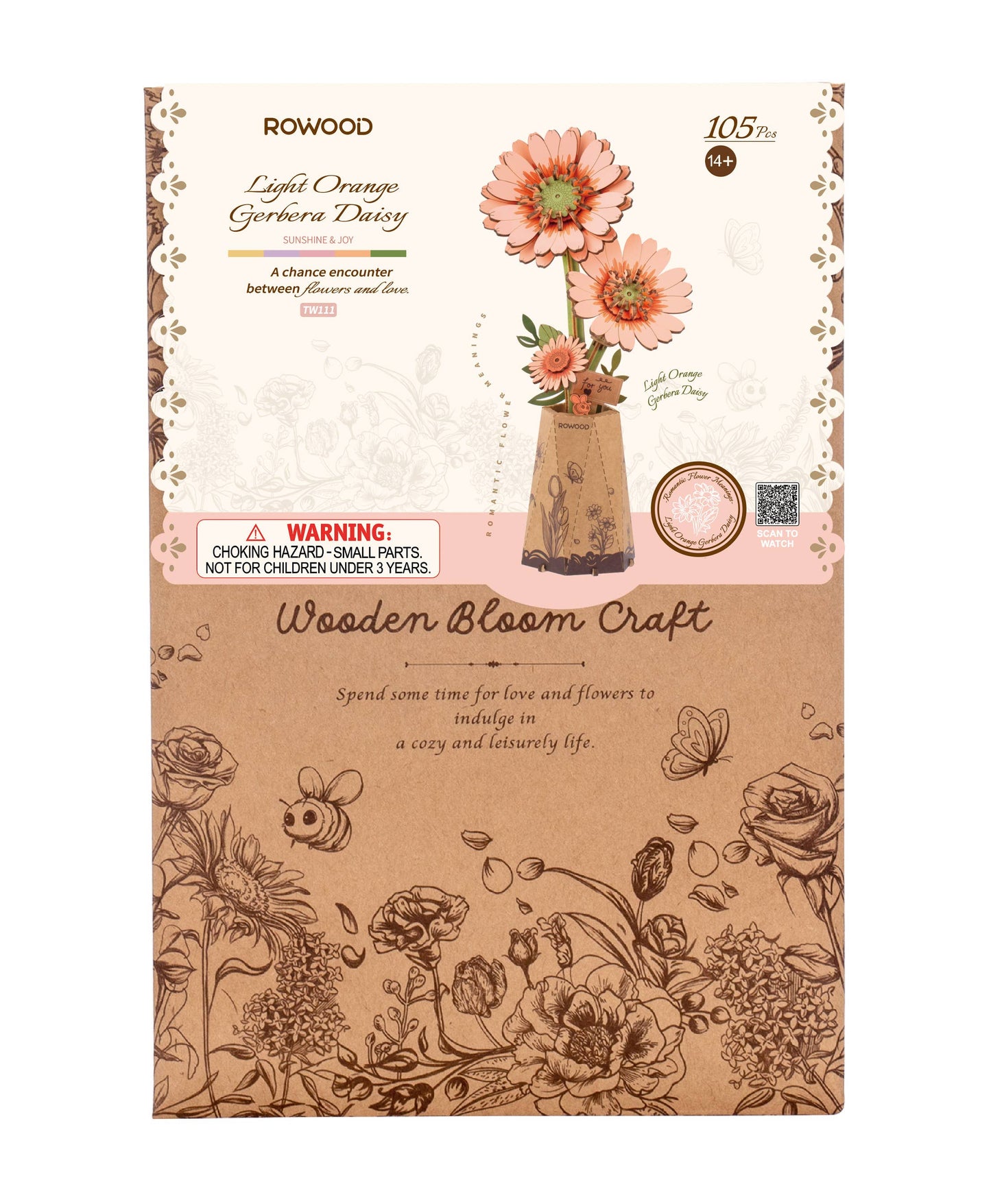 Light Orange Gerber Daisy Rowood DIY Wooden Flower 3D Puzzles