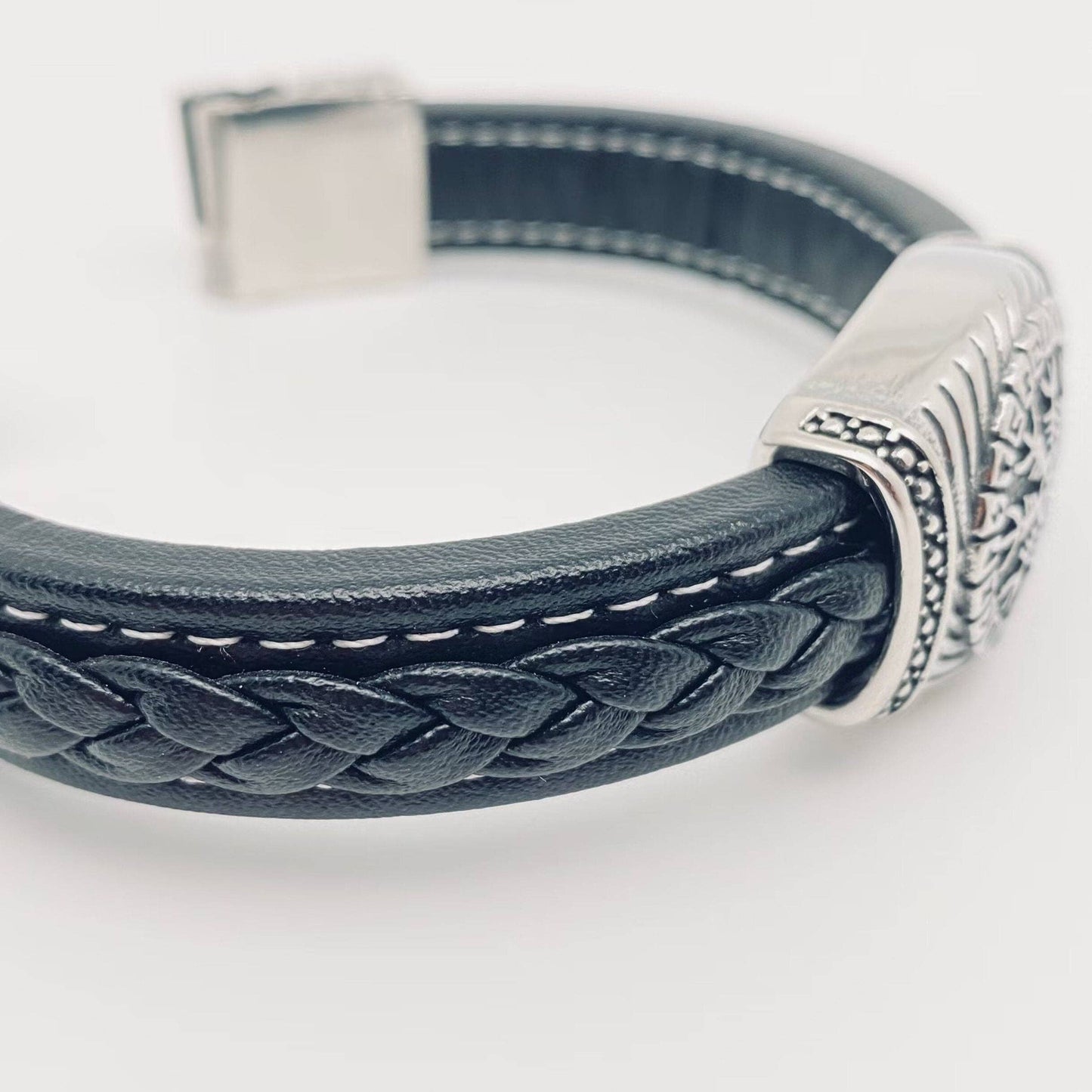 Viking Stainless Steel Men's Carved Leather Bracelet