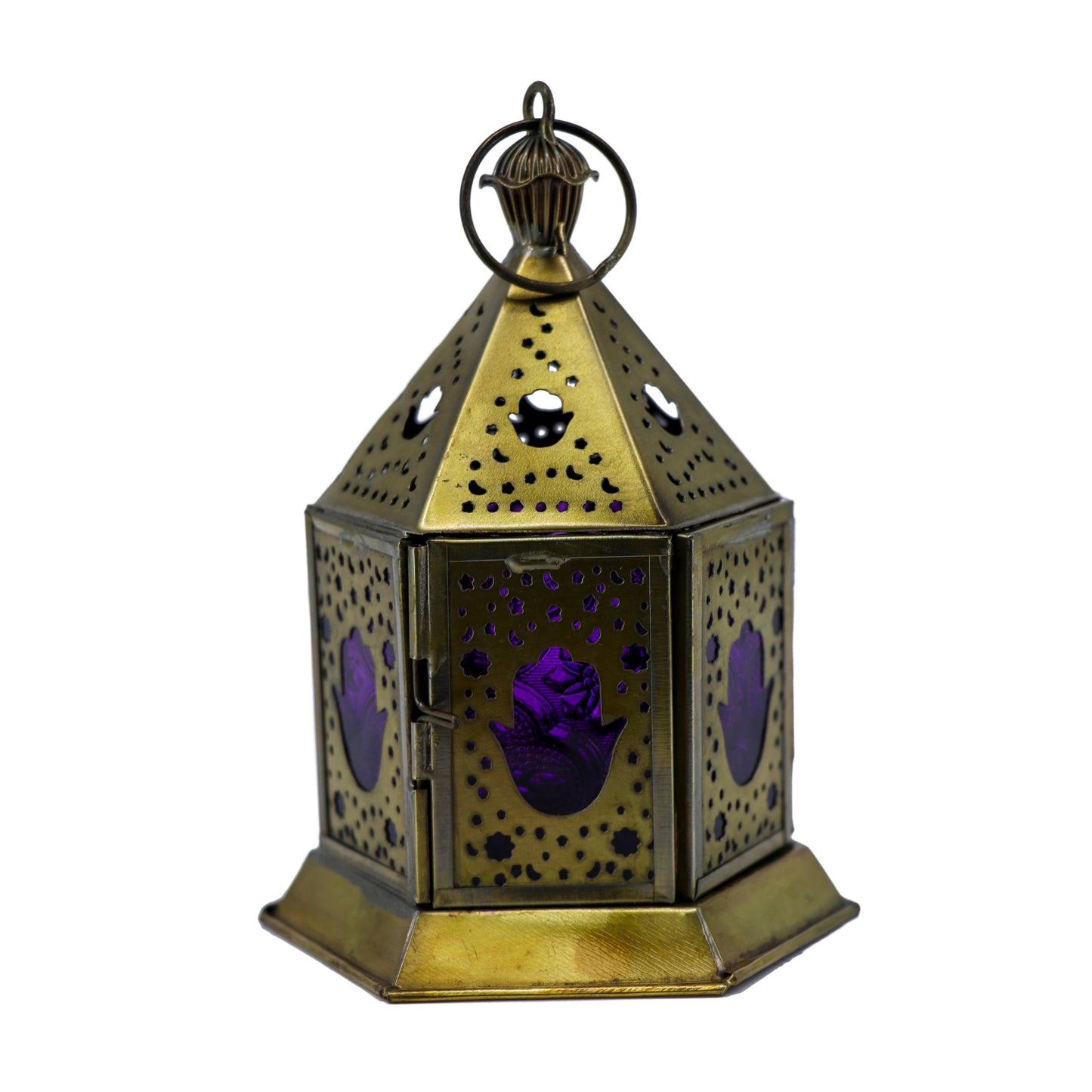 Lantern, Iron and Purple Glass, Hamsa Hand Design