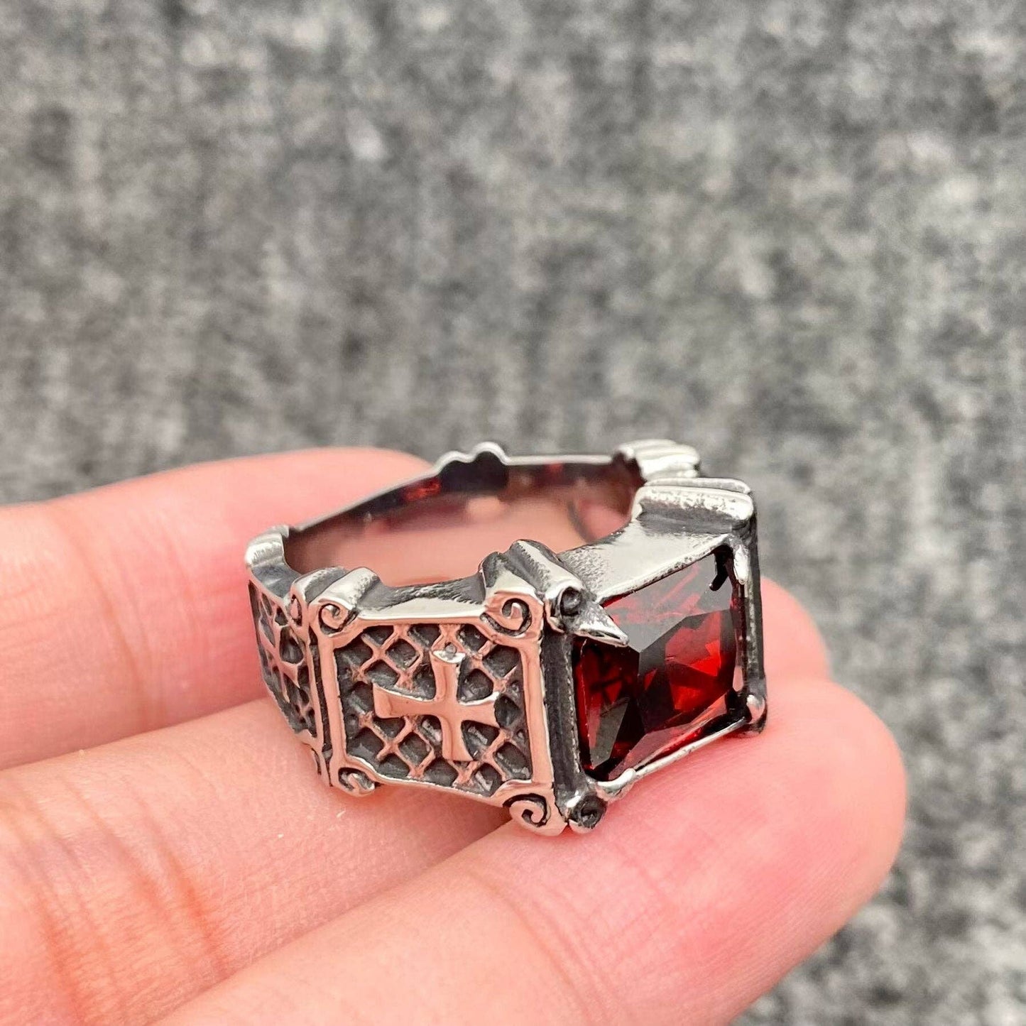 Red Gemstone Stainless Steel Cross Ring