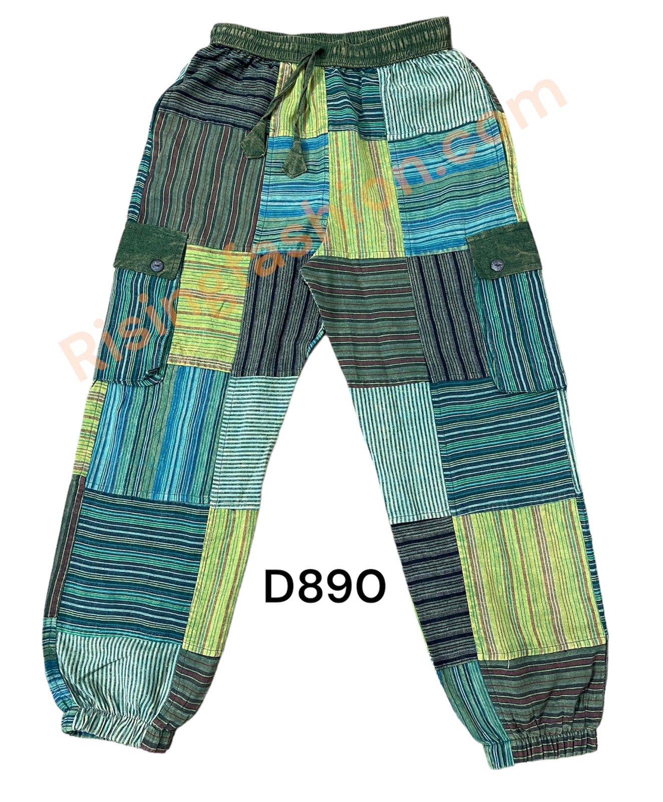 Cotton Mountain Patchwork Cargo Pant in Green and Blue