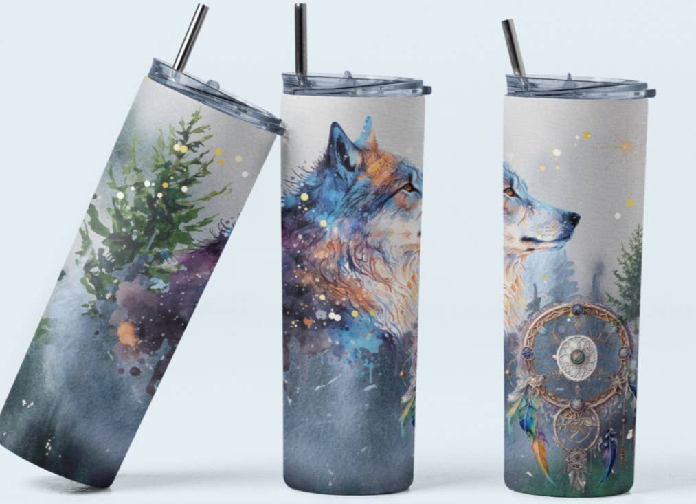 Grey Wolf Dreamcatcher Watercolor Tumbler