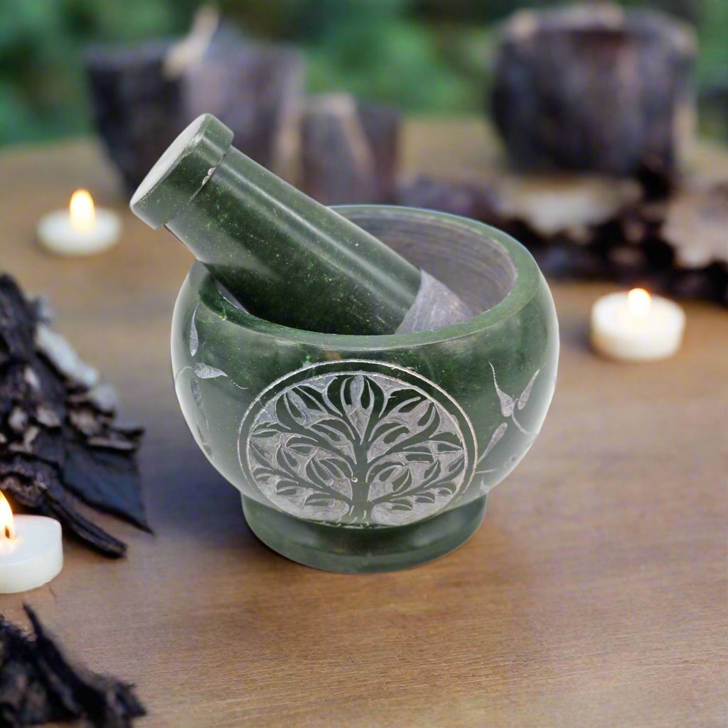 Soapstone Mortar & Pestle - Green Tree of Life