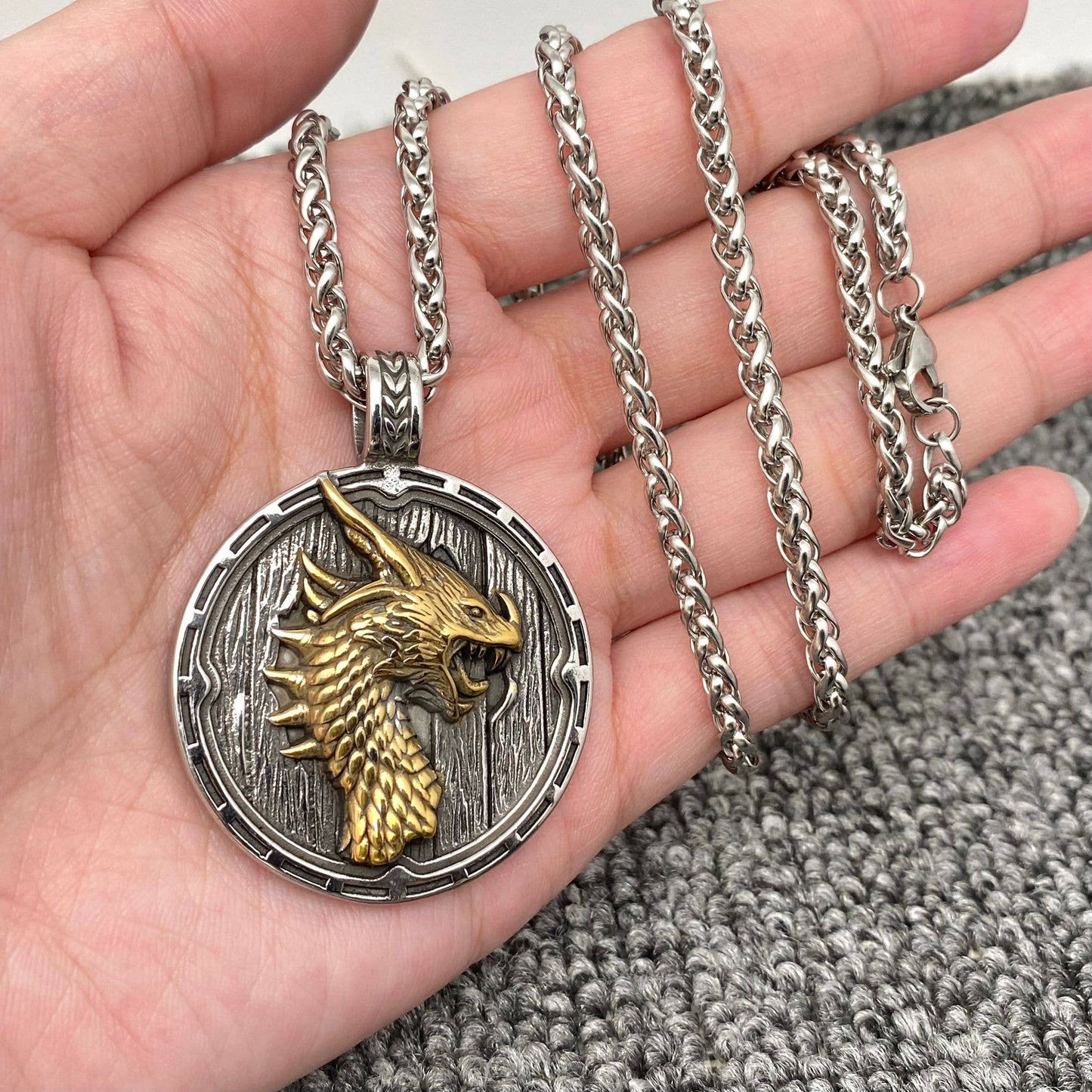 Stainless Steel Viking Dragon's Head Shield Necklace