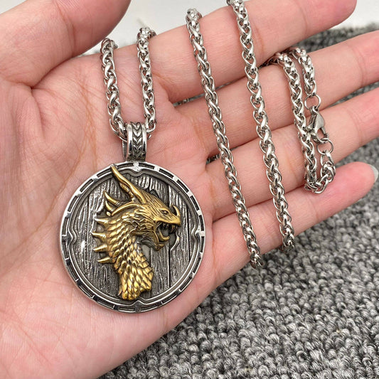 Stainless Steel Viking Dragon's Head Shield Necklace