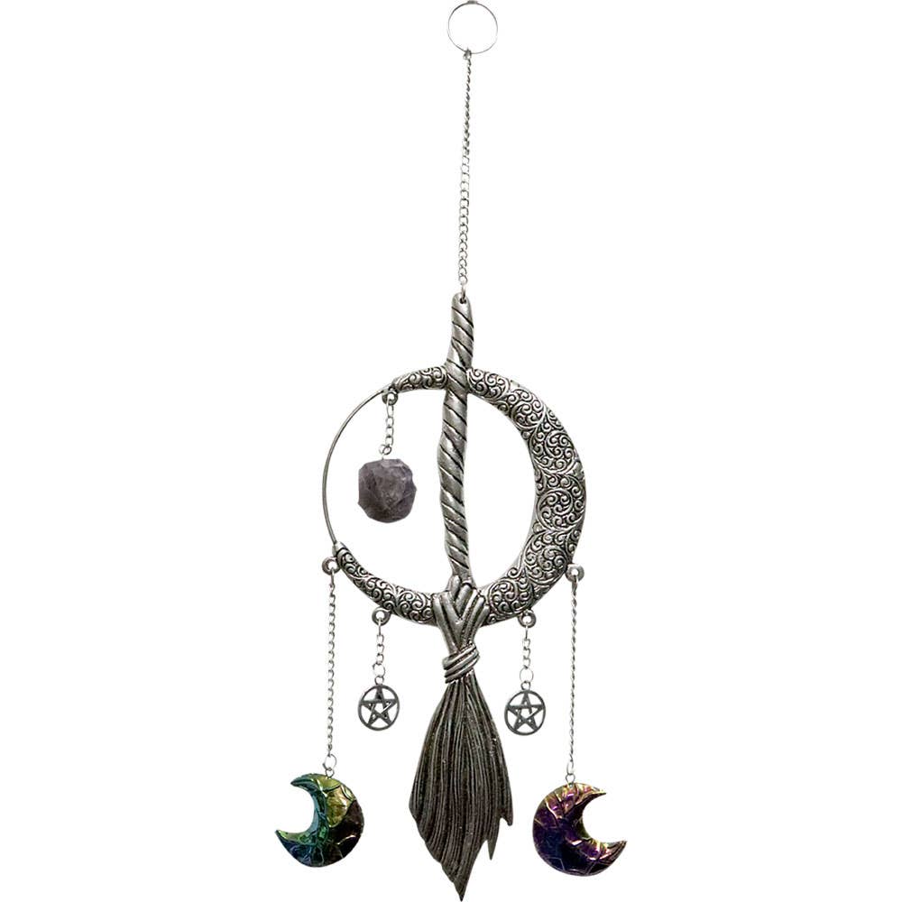 Metal Wall Hanging Moon & Broom w/ Amethyst