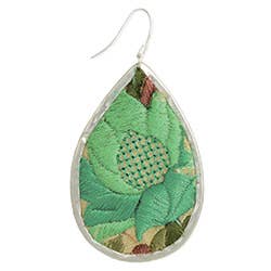 Green Floral Embroidered Silver Teardrop Earring