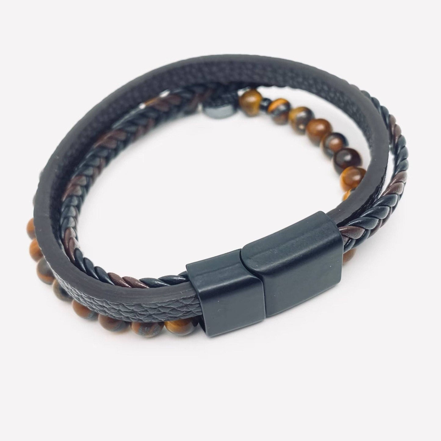 Tree of Life Tiger's Eye Beaded Man's Leather Bracelet