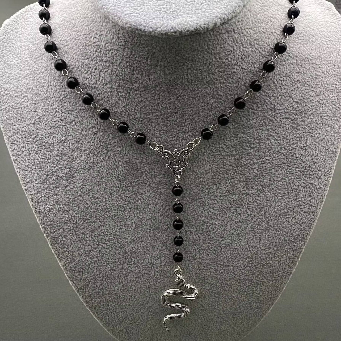 Snake Pendant Black Glass Beaded Y-shaped Necklace