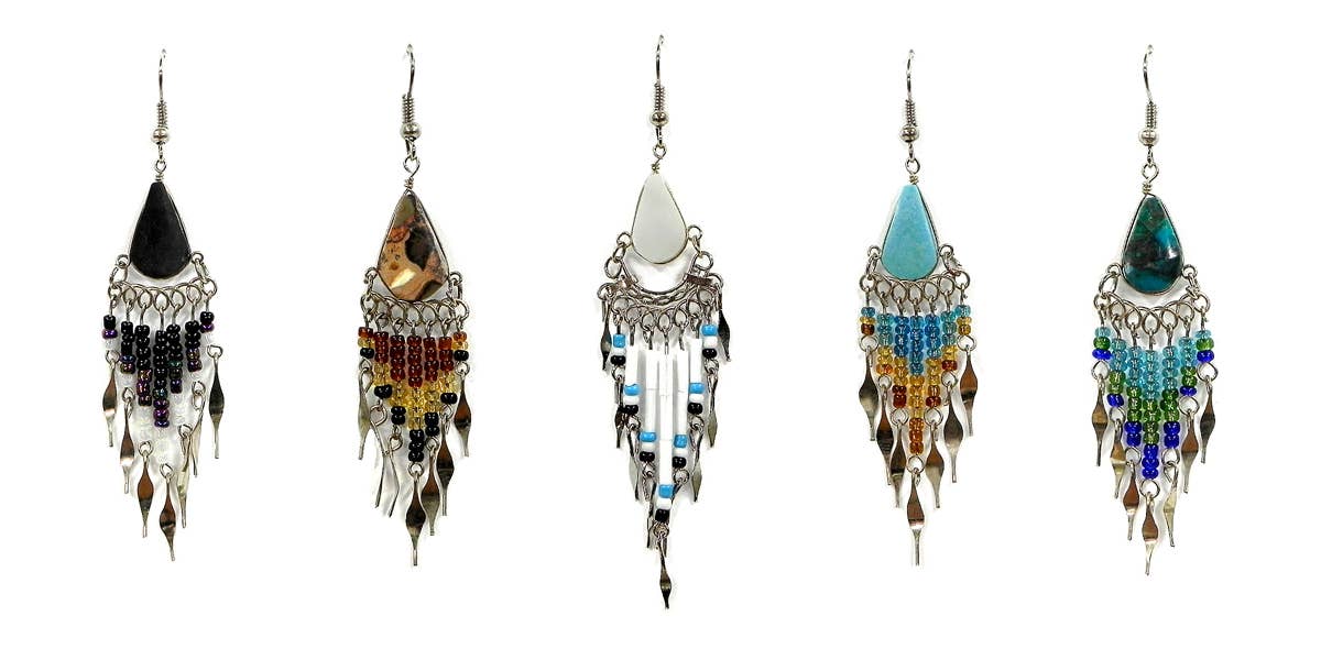Teardrop Stone Long Beaded Metal Dangle Earrings