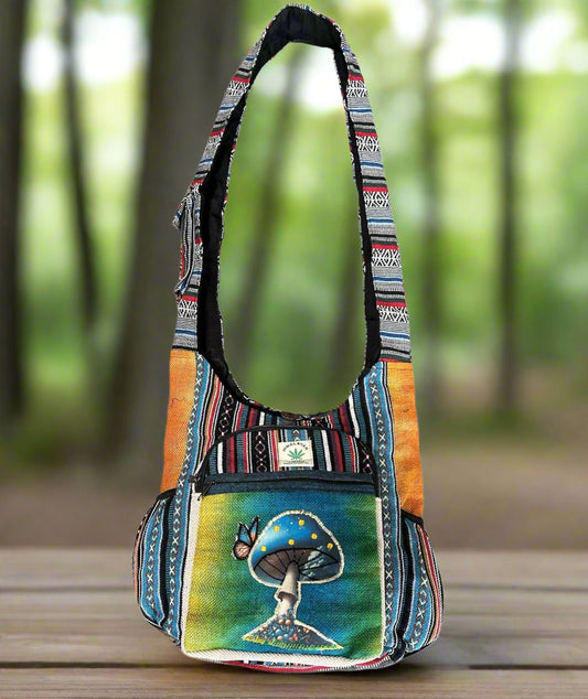 Hemp Side Pocket Butterfly on Blue Mushroom Bag