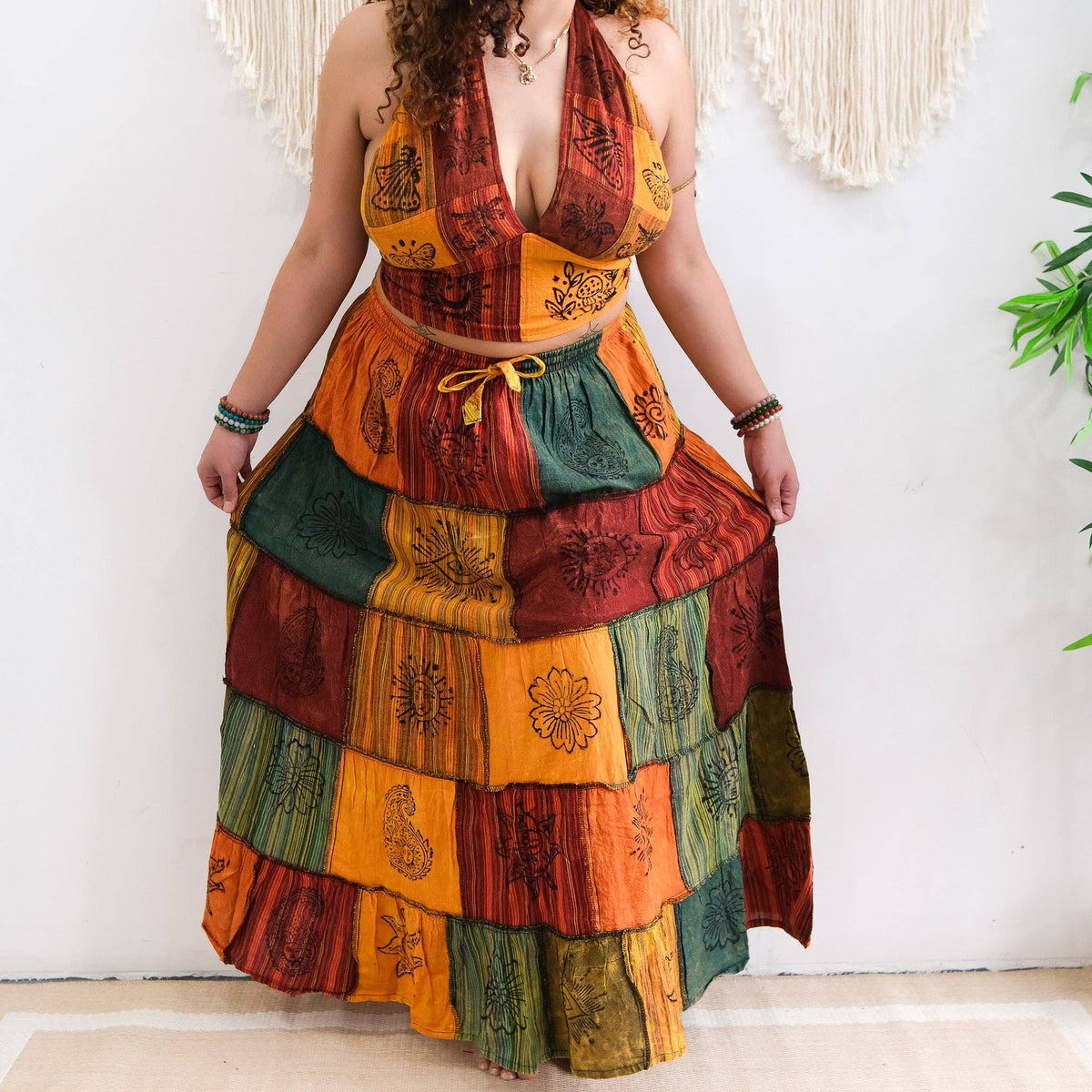Patchwork Cotton Maxi Skirt with Pockets