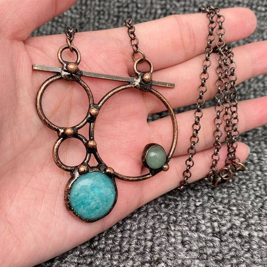 Amazonite & Green Aventurine Geometric Charm  Necklace