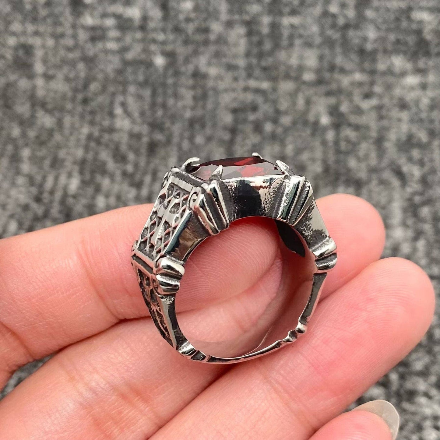 Red Gemstone Stainless Steel Cross Ring