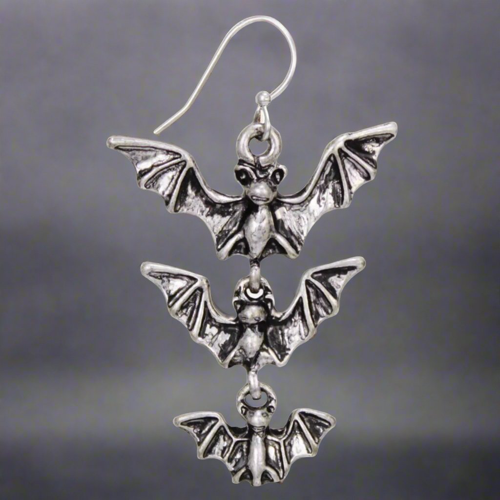 Midnight Flight Silver Triple Bat Earrings