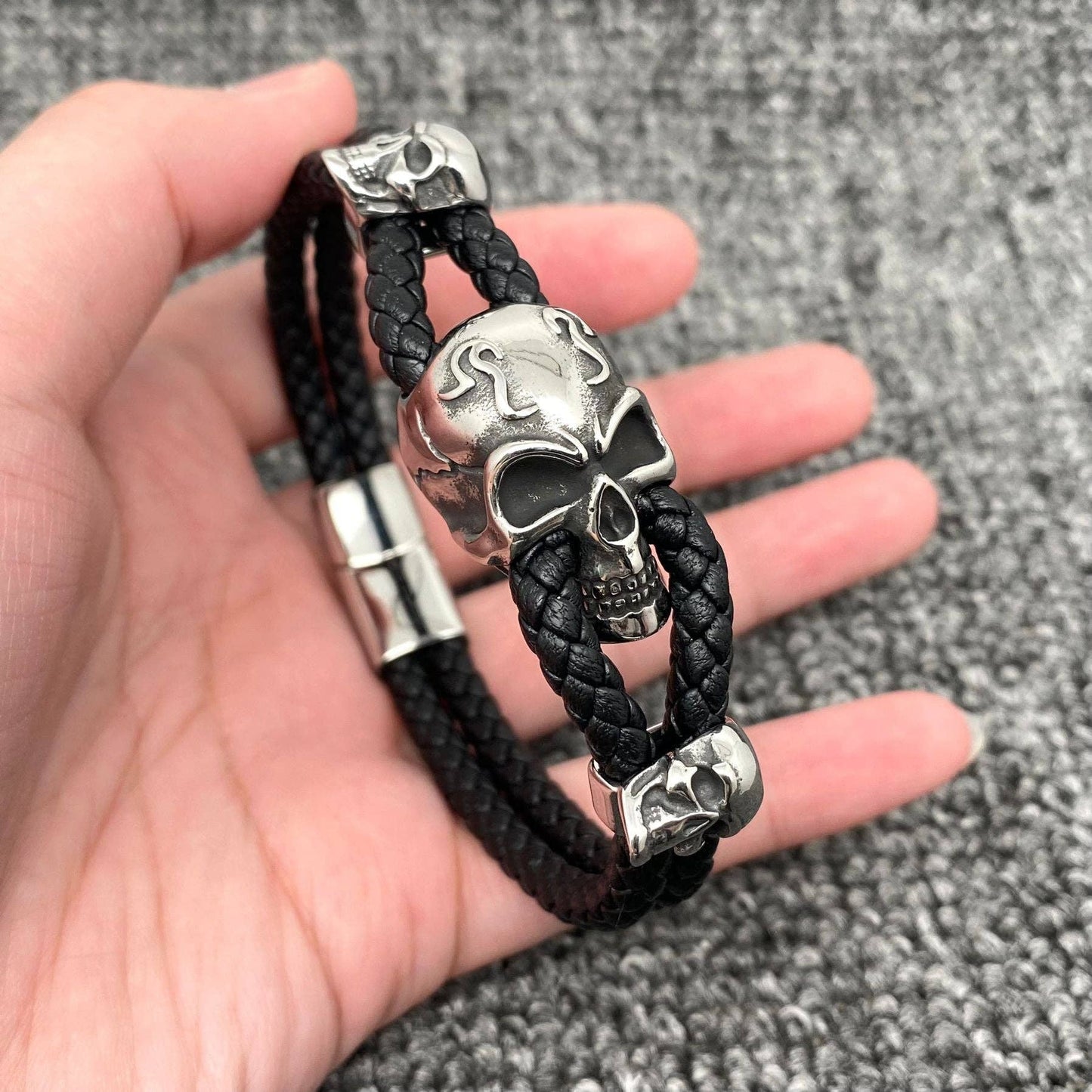 Triple Stainless Steel Skull Men's Leather Bracelet